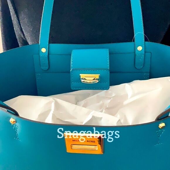 MICHAEL KORS NWT MANHATTAN LAGOON LARGE LEATHER TOTE BAG - Picture 6 of 12